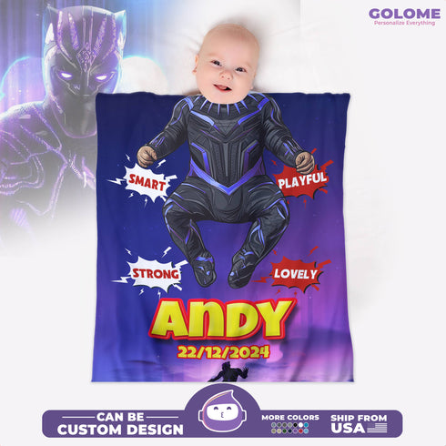 Personalized Baby Blanket – Black Panther Superhero Style | Custom Name & Date | Gift for Baby Boy
